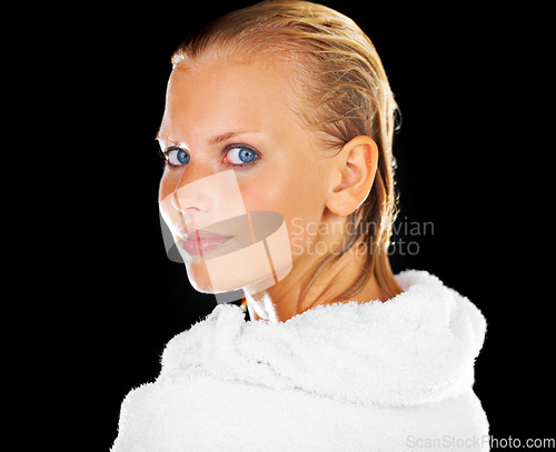 Image of Shower, towel and portrait of woman on black background for wellness, grooming and beauty mockup. Bathroom, luxury spa and face of person with wet hair for skincare, washing and cleaning in studio