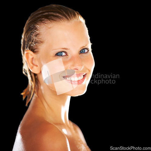 Image of Skincare, happy and portrait of woman on black background for wellness, grooming and beauty. Dermatology, luxury spa and face of person smile with wet hair for shower, washing and cleaning in studio