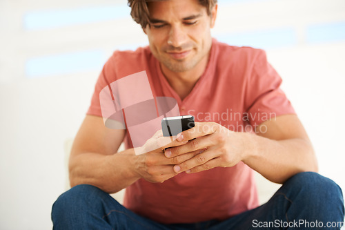 Image of Man, cellphone and communication, typing with internet and connectivity, social media and online chat. Network, reading post and update with blog, information and using phone with app and technology