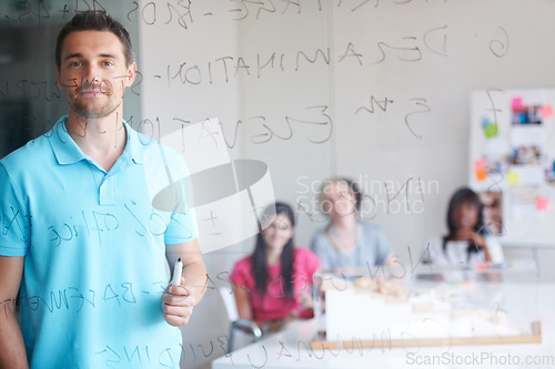 Image of Glass board, presentation portrait and man teaching, coaching or training onboarding staff, group or intern. Workshop coach, report and startup company speaker explain project info to learning team