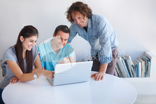 Image of Laptop, smile and professional people reading web insight, startup report or happy for customer experience feedback. Social media, project success and team cooperation, research or monitor sales news