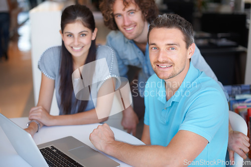 Image of Office laptop, teamwork portrait and happy people confident for online business development, startup career or company work. Group collaboration, entrepreneurship and team cooperation creative design