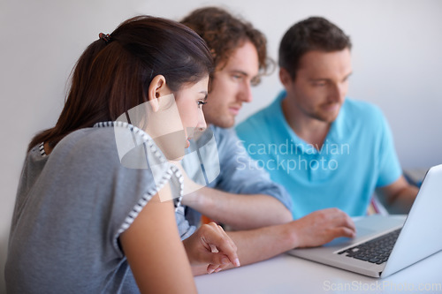 Image of Laptop, cooperation and professional people reading, check or monitor statistics, group media report or website design. Info, team planning and designer teamwork, research or editing webdesign