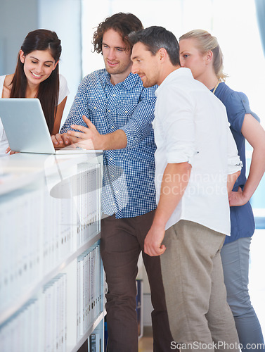 Image of Office laptop, group collaboration and team reading online statistics, metrics or sales income data, insight or analytics. Staff cooperation, feedback email or people check customer experience review