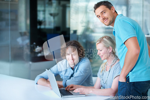 Image of Office laptop, portrait man and team reading, group collaboration and cooperation on online research report. Editing process, project management and people teamwork, planning or check feedback info