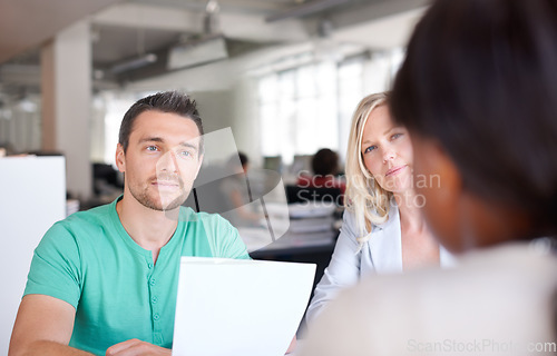 Image of Business people, meeting and job interview with resume, CV or paper at startup company, recruitment and hiring process. Professional clients, employer and manager listening for internship opportunity