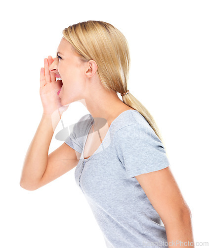 Image of Profile, woman and shouting in studio with voice for protest, speech and human rights revolution. Angry model screaming to broadcast news, announcement and attention justice for on white background