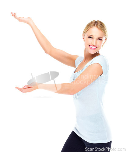 Image of Woman, portrait and advertising presentation in studio for deal, choice and feedback of information on white background. Happy model show mockup, launch promotion and announcement of news about us