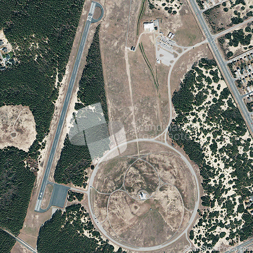 Image of Aerial, map and satellite view of landscape, nature and desert outdoor with field. Land, trees and above with dust, neighborhood and roads with rural development from top with woods and farm terrain