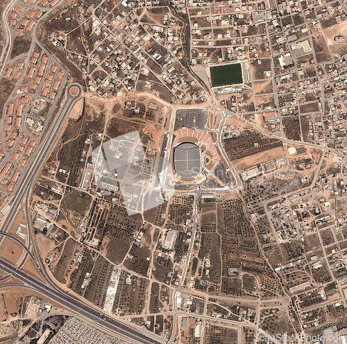 Image of Aerial drone, state map and satellite view of landscape, nature and city outdoor. Land, urban or Iraq above with houses, neighborhood and roads with commercial development from top with infastructure