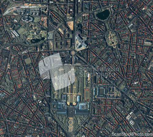 Image of City, buildings and aerial of road for map with street lines, residential and town architecture. Landscape, geography and satellite, top view and atmosphere for urban development, globe and terrain