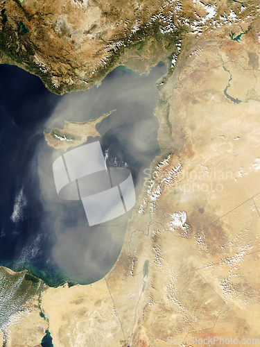 Image of Ocean, satellite and aerial of nature on map for terrain climate, environment and coastline. Geography, planet and global, top view and atmosphere of sea, water and land for travel destination