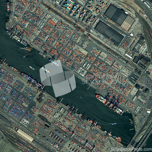 Image of City, harbor and aerial of ship in dock for landscape, environment and boat on water. Geography, drone and satellite, top view and atmosphere of sea transport, nature and shipyard for distribution