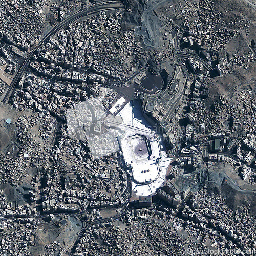 Image of Location, aerial landscape and city map, Earth with satellite image and buildings with infrastructure. Urban, background and top view with topography, environment and geography with road area