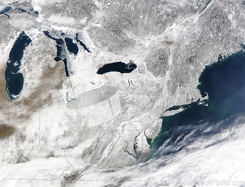 Image of Earth, satellite and landscape, map of world and Antarctica with clouds in atmosphere, water and snow in environment or nature. Aerial view, continent and terrain, ocean or sea of planet from space