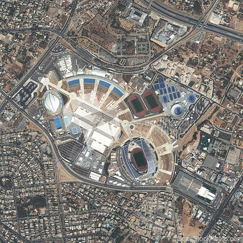 Image of Aerial, state map and satellite view of landscape, nature and city outdoor with drone. Land, urban and stadium above with houses, neighborhood and roads with commercial development from top terrain