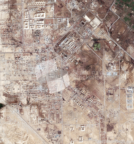 Image of Aerial, drought map and satellite view of landscape, nature and desert outdoor with sand. Land and above with dust, neighborhood and roads with rural development from top with town and terrain