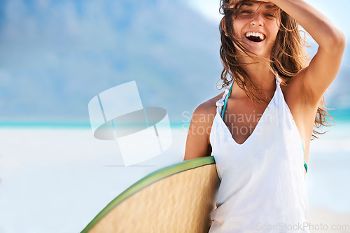 Image of Laugh, surfboard or portrait of happy woman at sea for fitness training, workout or sports exercise. Surfing mockup space, girl surfer or athlete on fun summer holiday vacation on beach with smile