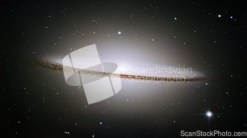 Image of Sombrero, planet or universe for solar system, nebula or science with mock up space on black background. Galaxy, star or innovation with research, milky way or astrology for exploration and discovery