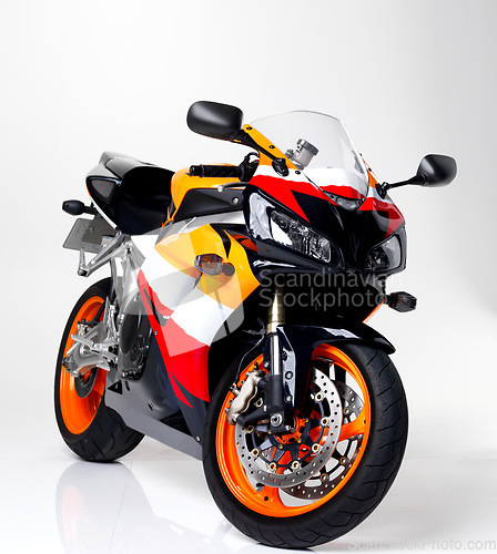 Image of Motorcycle, super bike and transportation for sports in studio isolated on a white background. Motorbike, vehicle and transport tech, engine and machine for fast speed, travel and drive for freedom