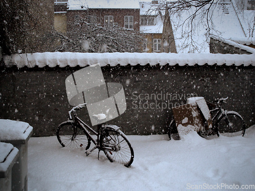 Image of Snow, storm and bike outdoor by a house, real estate or buildings with landscape or neighborhood. Winter, environment or location for bicycles in nature with ice, tree or apartment background in city