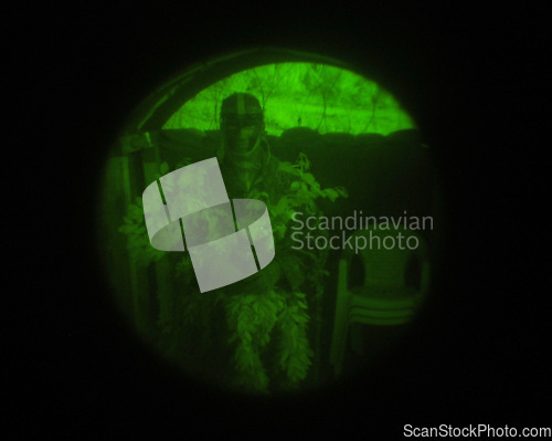 Image of Night vision, soldier or sniper scope in military for aim, target or firearm with mission or battle. Man, person or camouflage for battlefield, service and defense with army, bootcamp and incognito