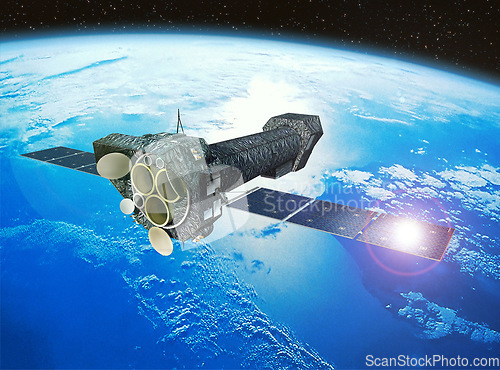 Image of Space earth and satellite in orbit for surveillance, communication and global research. Aerospace, engineering and spacecraft for data transmission, tracking and navigation for planet observation.