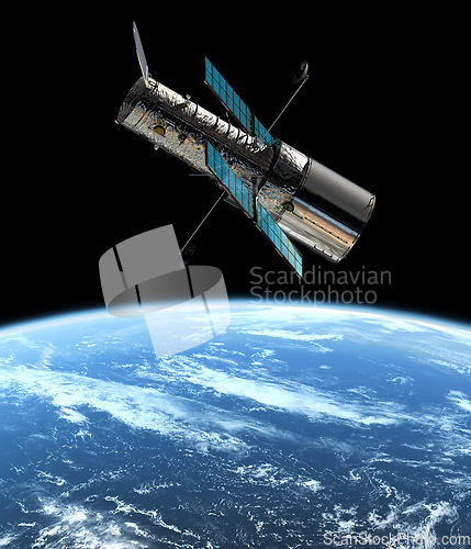 Image of Space, earth and satellite in orbit for communication, surveillance and global research. Aerospace, engineering and spacecraft for data transmission, tracking and navigation for planet observation.