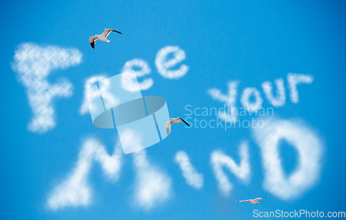 Image of Message, blue sky and birds with words in nature for inspiration, motivation and summer environment. Illustration, clouds and writing for an uplifting headline or landscape in the air for peace