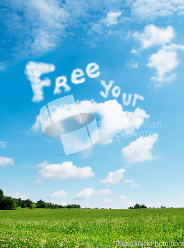 Image of Message, sky and words in the clouds and nature for spring, love and summer. Environment, heart and information in the countryside for motivation, landscape and writing by a field for inspiration