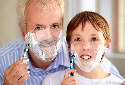 Image of Father, son and portrait with cream and razor for grooming, development and learning in bathroom. Happy family, face of man and child with foam or shaving for hygiene, home or parenting with love