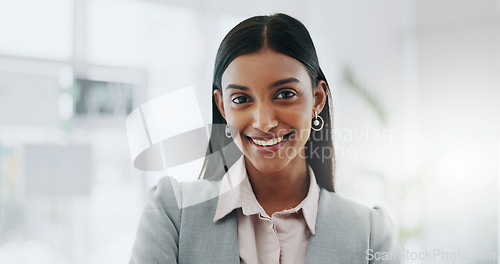 Image of Happy business woman, face and manager of professional in corporate success at office. Portrait of female person, leader or employee smile in happiness for career ambition or opportunity at workplace