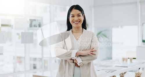 Image of Portrait of businesswoman, smile in office and arms crossed, project manager at engineering agency. Face of happy woman, design business leader with pride and confidence for entrepreneur at startup.