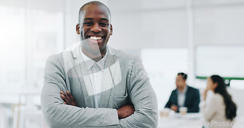 Image of Portrait of black man, smile in office and arms crossed, confident project manager at engineering agency. Happy businessman, design business startup with pride, positive mindset and leader in Africa.