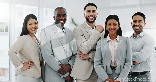 Image of Face, business people and legal team with career, leadership and employees with partnership. Portrait, men and women in a workplace, lawyers or mission with career, corporate or formal with happiness