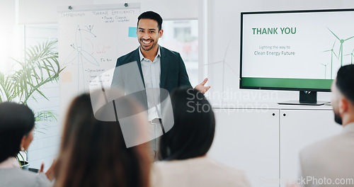 Image of Businessman, presentation and coaching with questions in meeting, conference or idea at office. Asian man or mentor talking to audience or business people with hand raised for interaction at workshop