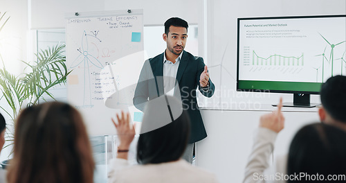 Image of Businessman, presentation and coaching with questions in meeting, conference or idea at office. Asian man or mentor talking to audience or business people with hand raised for interaction at workshop