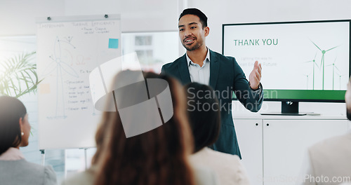 Image of Presentation, man and a handshake in a meeting with business people for a welcome, thank you or deal. Workplace sustainability, Asian employee and greeting a group and shaking hands at a workshop