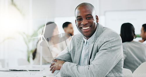 Image of Portrait of black man, smile in and boss at business office, confident project manager at engineering agency. Happy businessman leader with pride, entrepreneur and renewable energy startup in Africa.