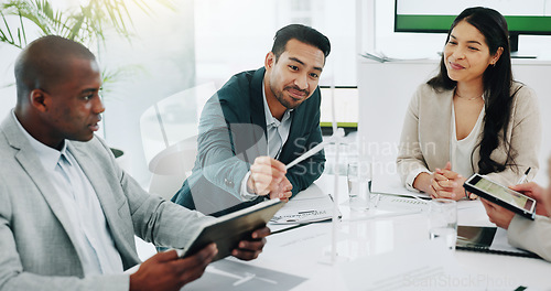 Image of Business people, renewable energy and windmill in team discussion or meeting for proposal or planning. Diversity, future or men and women talk technology development, collaboration and innovation