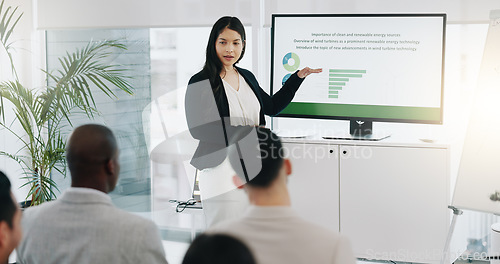 Image of Presentation, renewable energy and success with business people in meeting for planning, engineering and environment. Technology, research and windmill with employees applause in office for workshop