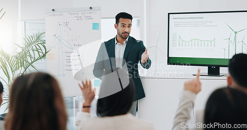 Image of Businessman, presentation and coaching with questions in meeting, conference or idea at office. Asian man or mentor talking to audience or business people with hand raised for interaction at workshop