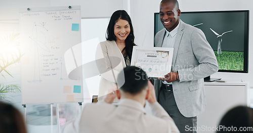 Image of Handshake, award and photographer with business people in office for winner, support or success. Certificate, thank you and achievement with employees in engineering firm for partnership or well done