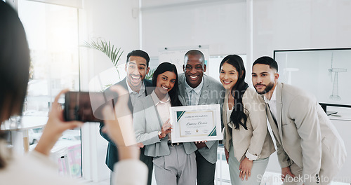 Image of Picture, award and teamwork with business people in office for winner, support or photographer. Certificate, thank you and achievement with employees in engineering firm for partnership or well done