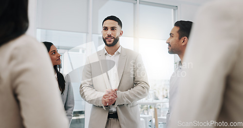Image of Happy businessman, discussion meeting in teamwork, agreement or promotion at office. Business people shaking hands in greeting, introduction or partnership for b2b or deal together at workplace