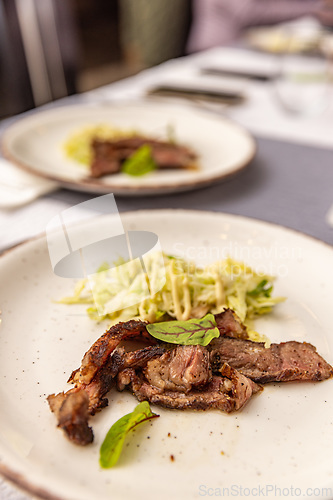 Image of Wagyu entrecote beef steak slices