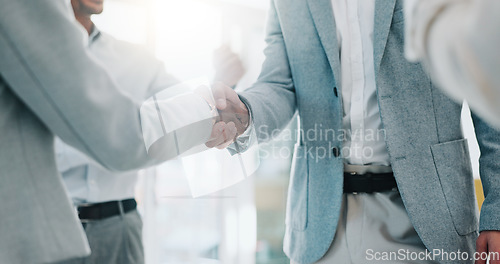 Image of Business people, handshake and applause in meeting, promotion or thank you in teamwork at office. Group of employees shaking hands and clapping in team hiring, recruiting or greeting at workplace