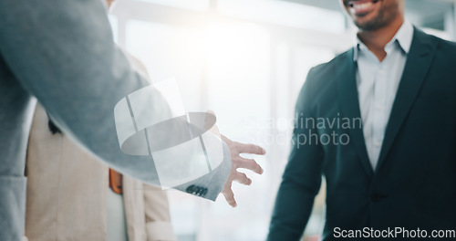 Image of Business people, handshake and applause in meeting, thank you or promotion in teamwork at office. Group of employees shaking hands and clapping in team hiring, recruiting or greeting at workplace