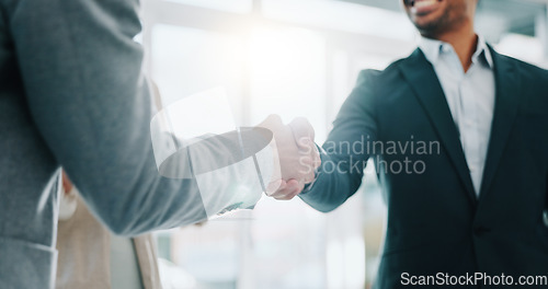 Image of Business people, handshake and applause in meeting, thank you or promotion in teamwork at office. Group of employees shaking hands and clapping in team hiring, recruiting or greeting at workplace