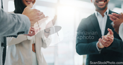 Image of Business people, handshake and applause in meeting, thank you or promotion in teamwork at office. Group of employees shaking hands and clapping in team hiring, recruiting or greeting at workplace